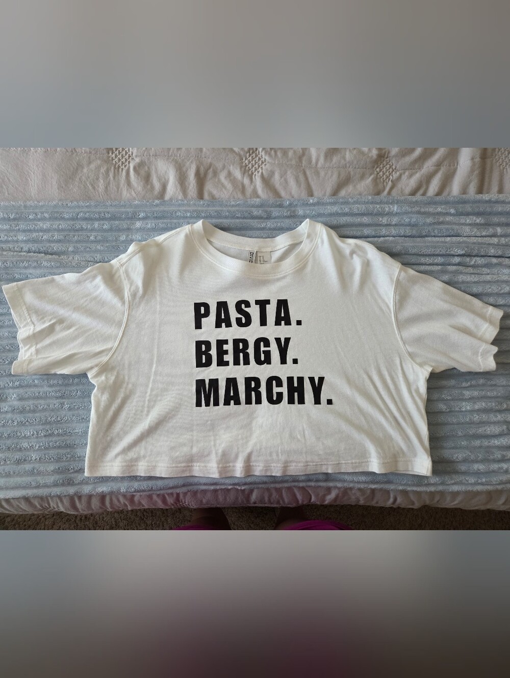 Custom Made H&M White Short Sleeve Crop Tee with Black Bold Text - Boston Bruins